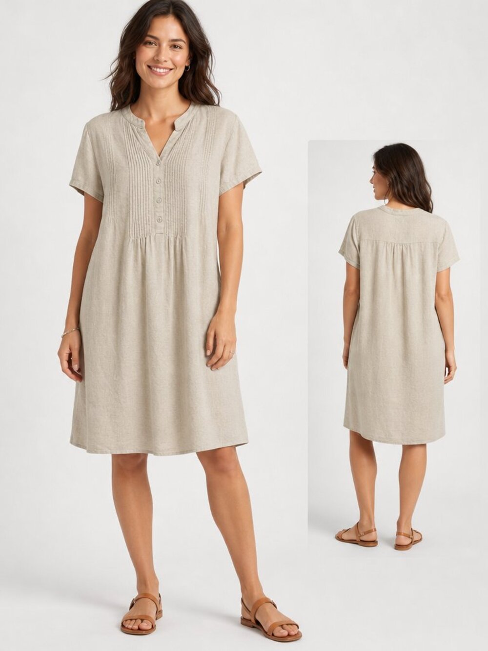 Tahari Linen Shirt Dress L Beige Pintuck Coastal Minimalist Quiet Luxury Summer
